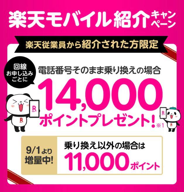 楽天モバイル紹介キャンペーン。楽天従業員から紹介された方限定で、他社からの乗り換えで14,000ポイント、乗り換え以外で11,000ポイントをプレゼント!