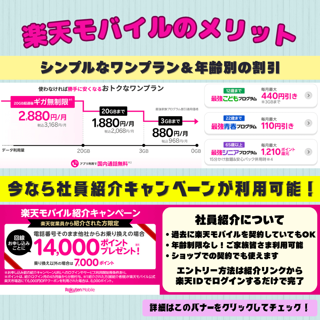 楽天モバイルのメリット
シンプルなワンプランと年齢別の割引プログラム
今なら社員紹介キャンペーンが利用可能!