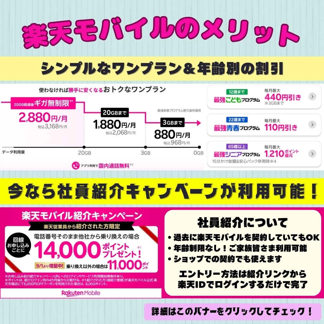 楽天モバイルのメリット
シンプルなワンプランと年齢別の割引プログラム
今なら社員紹介キャンペーンが利用可能!